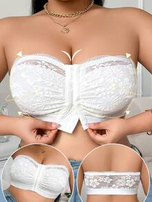 Plus Size Everyday Comfortable Front Closure Lace Patchwork Wireless Bra - White - View 2