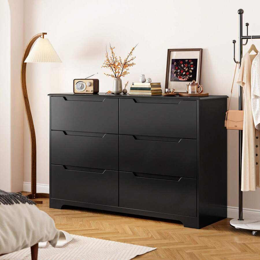 Tocador de 6 cajones, mueble de dormitorio con dispositivo antivuelco, cómoda moderna de madera con tiradores recortados, cómoda decorativa con rieles de guía suaves y patas de apoyo grandes para sala de estar, entrada. - Negro - Ver 1