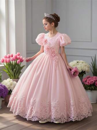 女童花卉刺绣网纱派对连衣裙，适合宴会、生日庆祝等场合，不含头饰