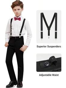Boys Formal Suit Set - Suspenders Adjustable Waist Ring Bearer - BLACK2 - View 3
