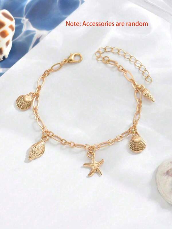 1 Stück Damen Mode Zinklegierung vergoldetes Metall Seestern & Muschel Anhänger Armband, vintage eleganter vielseitiger Schmuck für Sommerfeste & täglichen Gebrauch