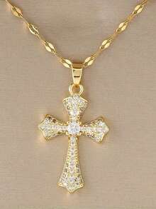 1 件立方氧化锆十字架吊坠项链，时尚奢华高端百搭男女通用项链