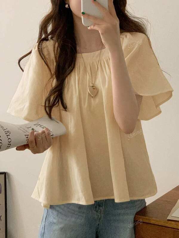 Summer Casual Loose Ruffled Collar Puff Sleeve Short Sleeve Blouse
