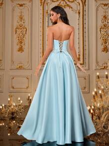 VIPGIRL Vestido de satén sin tirantes para fiesta de graduación en color blush y azul hielo con Body bordado y abertura alta, elegante vestido de gala de estilo princesa, atuendo para dama de honor, vestido de fiesta para mujeres, vestidos formales y de noche para mujer