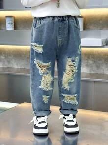 Boys' Loose Fit Distressed Casual Denim Jeans, Suitable For Daily, School, Outdoor Wear, Autumn