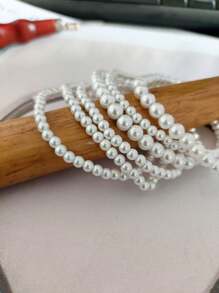 6pcs Fashionable & Charming Glass Faux Pearl Beaded Bracelets For Teenage Girls, Multi-Layer Elastic Bracelet Accessories