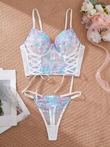 2 piezas Blusa con cintura anudada y borde bordado a juego con falda - Elegante y sexy - verde menta - Ver 1