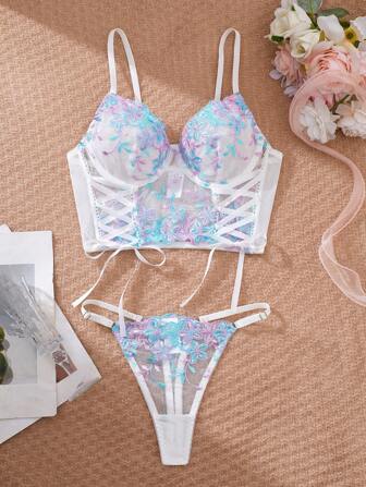 2 件刺绣饰边系腰上衣搭配同色饰边裙子 - 别致性感