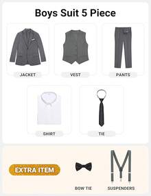 Boys Formal Suit Set - Suspenders Adjustable Waist Ring Bearer - 深灰色 - 查看 2