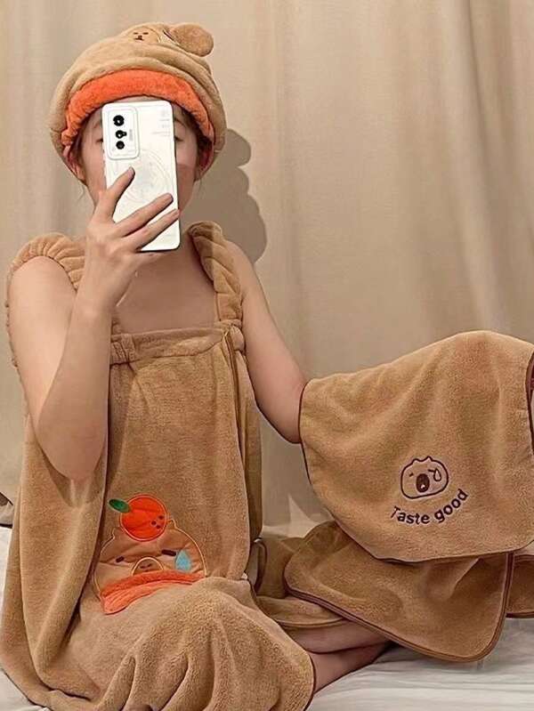 Capybara Spa Set For Women, Including Robe, Quick-Dry Hair Towel, Towel, Bath Skirt. Soft, Absorbent, Dirt-Resistant. Great For Travel, Holiday Gifts, Home Use. Back To School