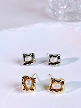 1 paire de boucles d'oreilles asymétriques carrées avec fausses perles de culture pour femmes, boucles d'oreilles légères rétro géométriques minimalistes personnalisées, nouvelle arrivée