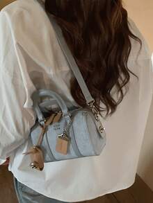 经典小丑纯色字母图案装饰设计便携式女士钱包，双提手枕形包，优雅商务通勤包，适合购物、通勤、聚会等场合。 - 藍色 - 查看 3