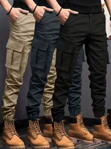 Set da 3 pantaloni cargo da uomo tinta unita, multi-tasche, casual, leggeri, per spiaggia e vacanze estive, pantaloni della tuta sciolti, pantaloni sportivi, pantaloni da trekking all'aperto, joggers, pantaloni alla caviglia casual per uso quotidiano