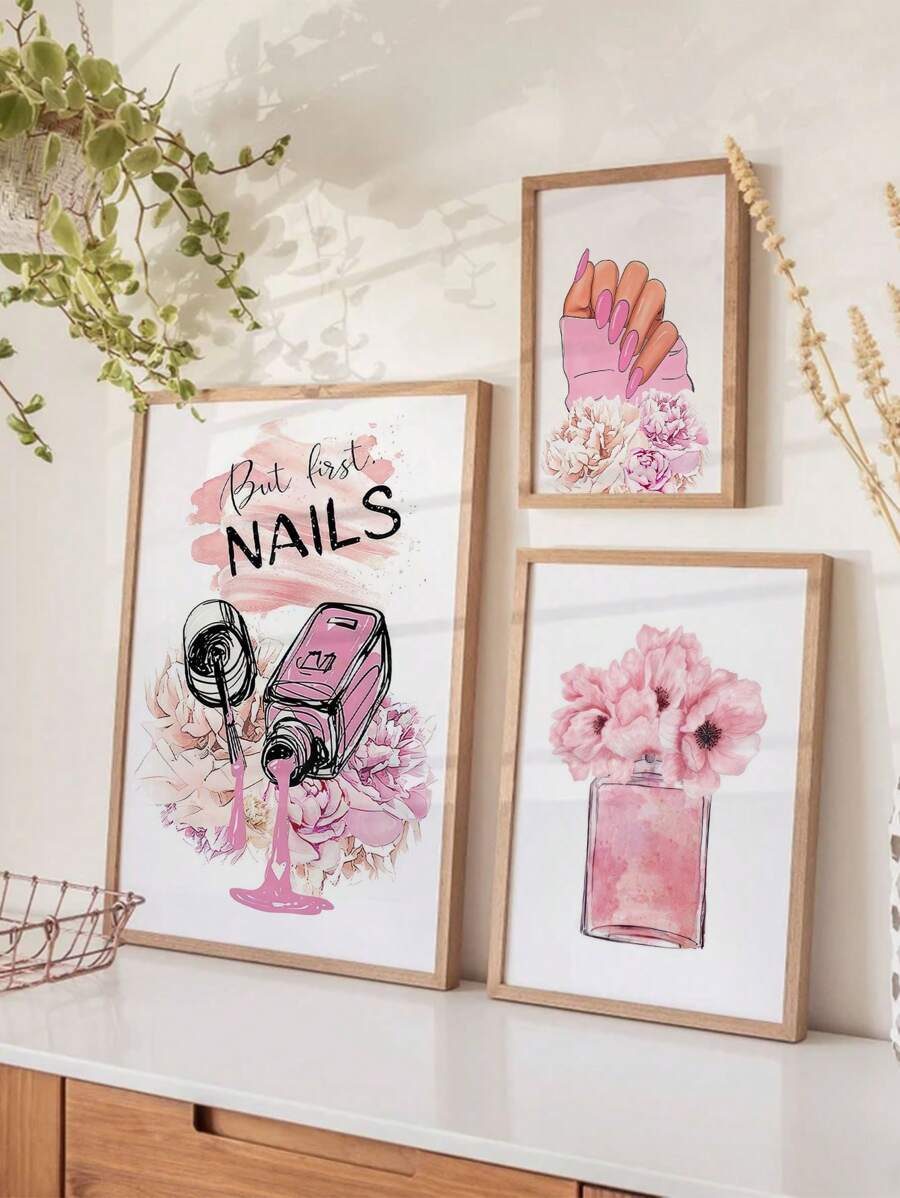 Set de 3 piezas de arte decorativo art déco sin marco en lienzo, diseño de uñas minimalista y moderno reutilizable, póster de fondo rosa creativo para decoración de salones de belleza, cafeterías, bares y dormitorios