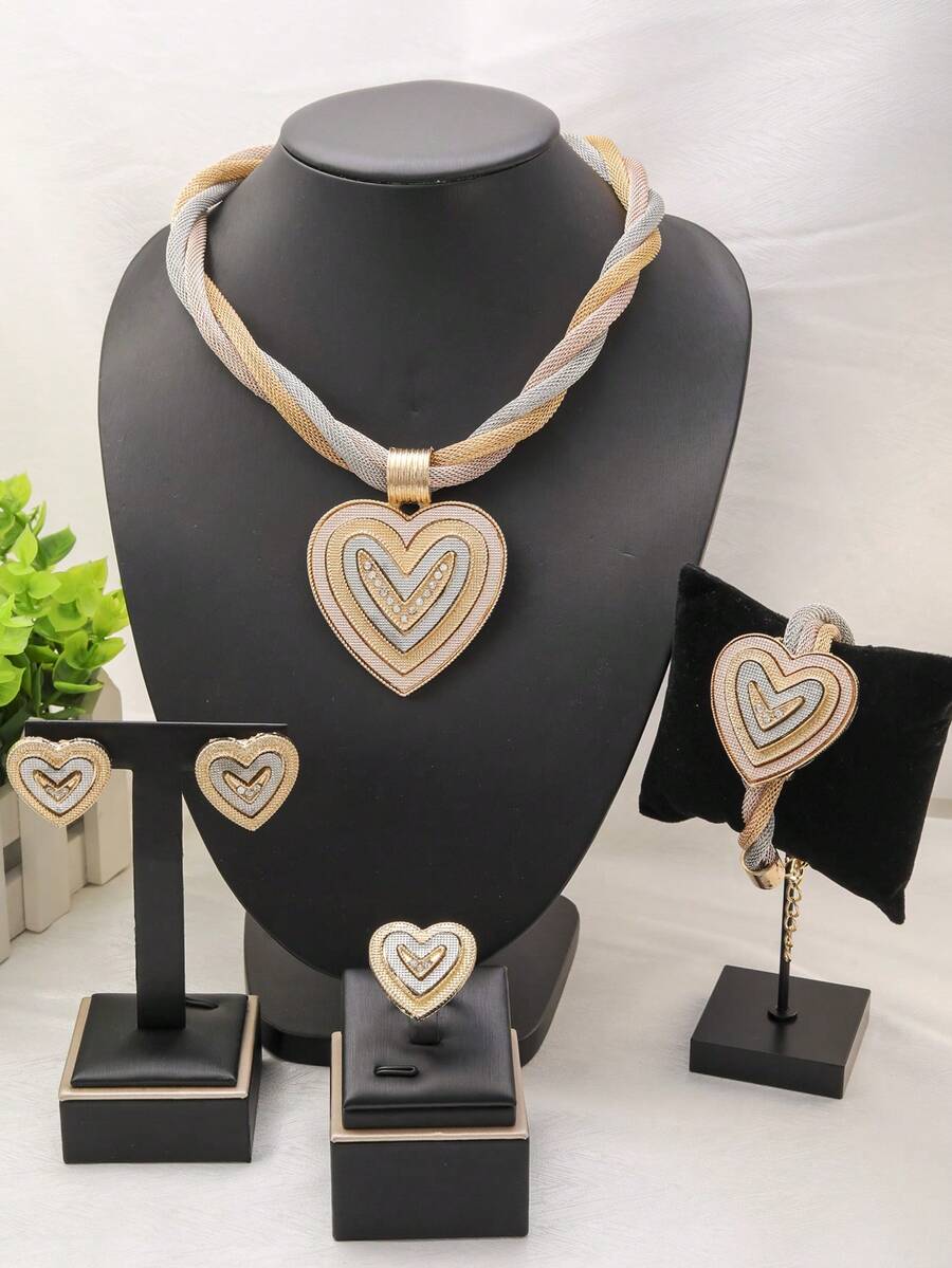 珠宝套装 女士婚礼珠宝 迪拜 18K 黄金珠宝 非洲设计师耳环 新娘流苏项链 - 金黃色 - 查看 1