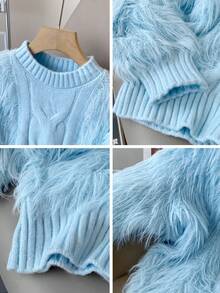 Suéter de manga larga con cuello alto, acento esponjoso, de moda, para primavera y otoño - Azul - Ver 9