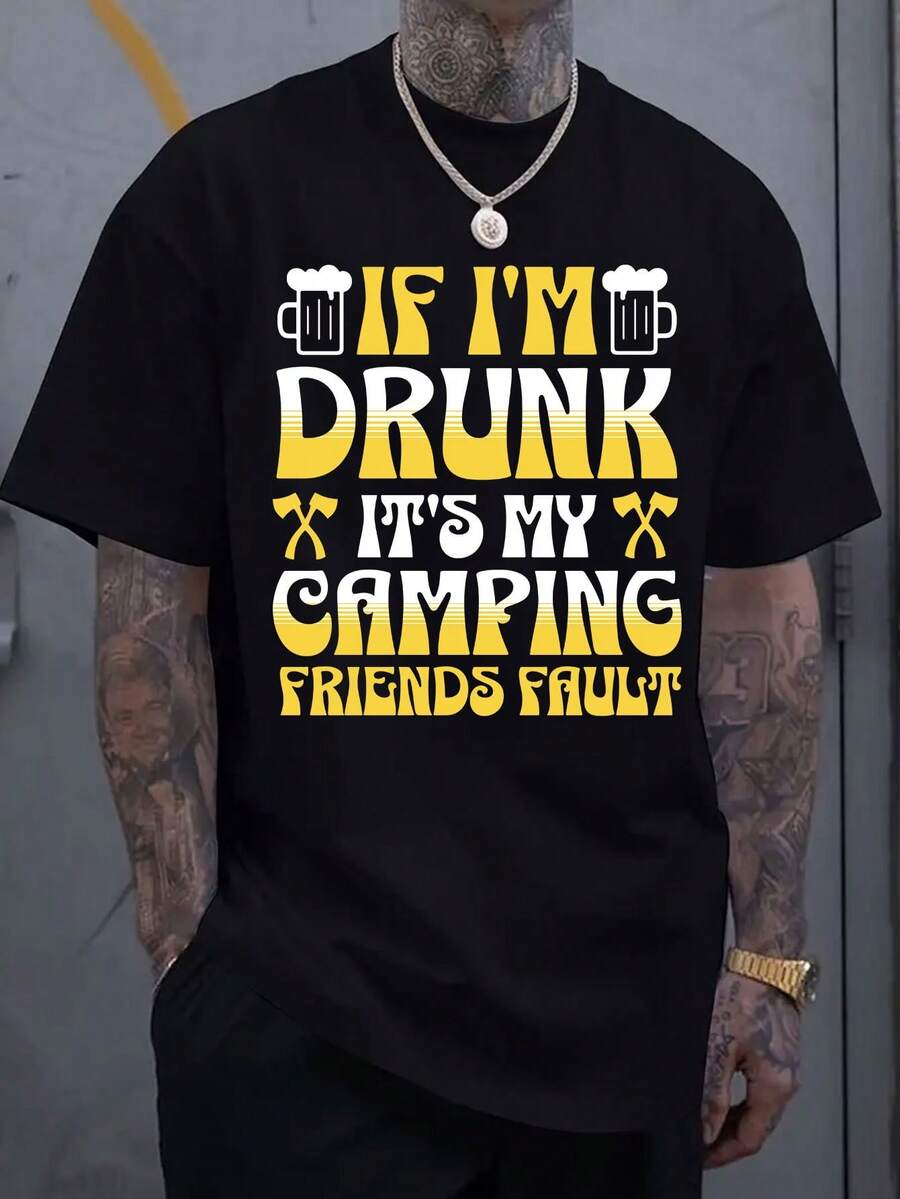Men's Round Neck Short Sleeved T-Shirt With Letter Pattern Printing,100% Pure Cotton, Comfortable And Breathable Casual Sports Top Suitable For Spring And Summer Vacation And Leisure Vacation - 黑色 - 查看 1
