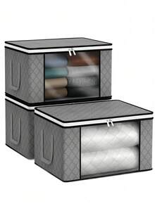 Juego de 3 bolsas de almacenamiento de tela plegables para organizar ropa, mantas, suéteres, ropa de cama, almohadas, organizador del hogar - Gris - Ver 1