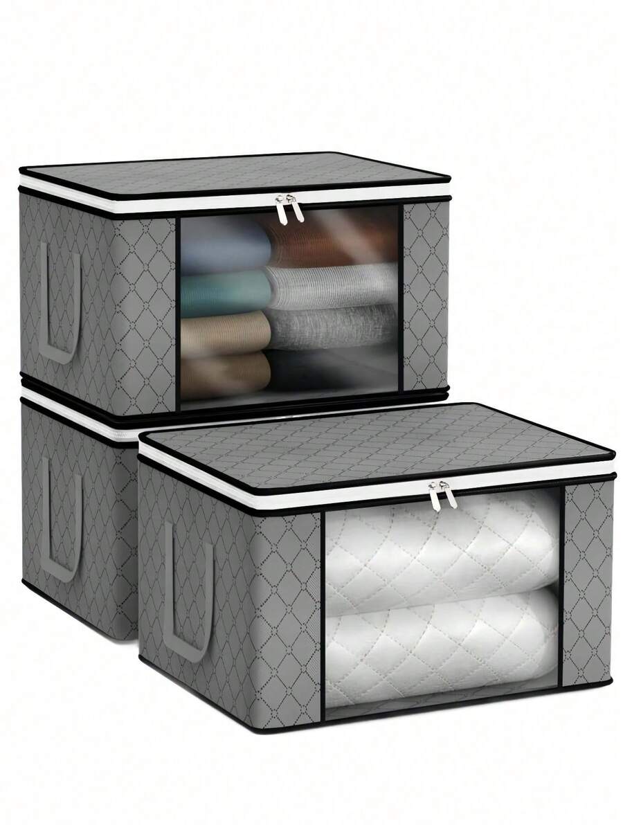 Juego de 3 bolsas de almacenamiento de tela plegables para organizar ropa, mantas, suéteres, ropa de cama, almohadas, organizador del hogar - Gris - Ver 1