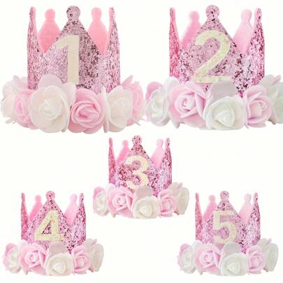 1pc Pink, White, Gold Flower & Sequin Felt Birthday Crown Hat For 1-5 Years Old Party
