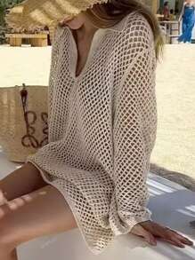 Beach Vacation European And American Casual Loose Pullover Sweater For Plus Size Women, Hollow Out Semi-Sheer Long Sleeve, Plus Size Knit Top With Lapel Collar