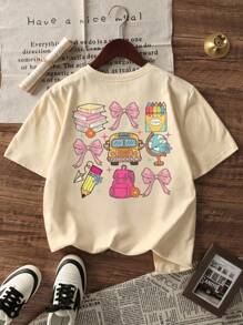 Back To School Season One-Piece Girl's Casual Printed Round Neck Pullover Short-Sleeved T-Shirt For Summer Students And Young Children,School Clothes For Teens - Fashionable Cartoon Bows For School, School Bags, Books, Pencils, School Buses, Simple Style T-Shirts To Inspire Imagination And Self-Expression