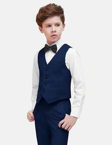 Boys Formal Suit Set - Suspenders Adjustable Waist Ring Bearer - Navy Vest - View 3