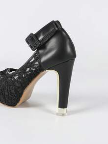 Sexy Party - Black High Heel Mesh Sandals, Chunky Heel Waterproof Platform, Wide Buckle Strap Open Toe Women Sandals - 黑色 - 查看 9