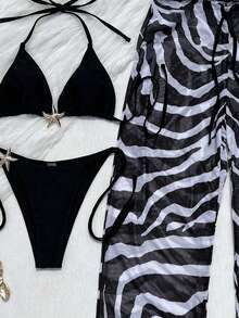 Bộ bikini tam giác họa tiết sao biển và quần ống rộng in họa tiết ngựa vằn dành cho nữ. Được làm từ chất liệu co giãn cao, thân thiện với da, mang lại sự thoải mái và thoáng khí. Áo bikini tam giác với khóa kim loại hình sao biển rất thời trang và bắt mắt. Quần ống rộng in họa tiết ngựa vằn đồng bộ mang đến vẻ ngoài giản dị và thoải mái. Thiết kế phối màu mang hơi hướng cổ điển, lý tưởng cho các kỳ nghỉ và những chuyến đi biển, là lựa chọn hàng đầu cho một diện mạo độc đáo. Màu đen mùa hè - màu đen - Xem 7