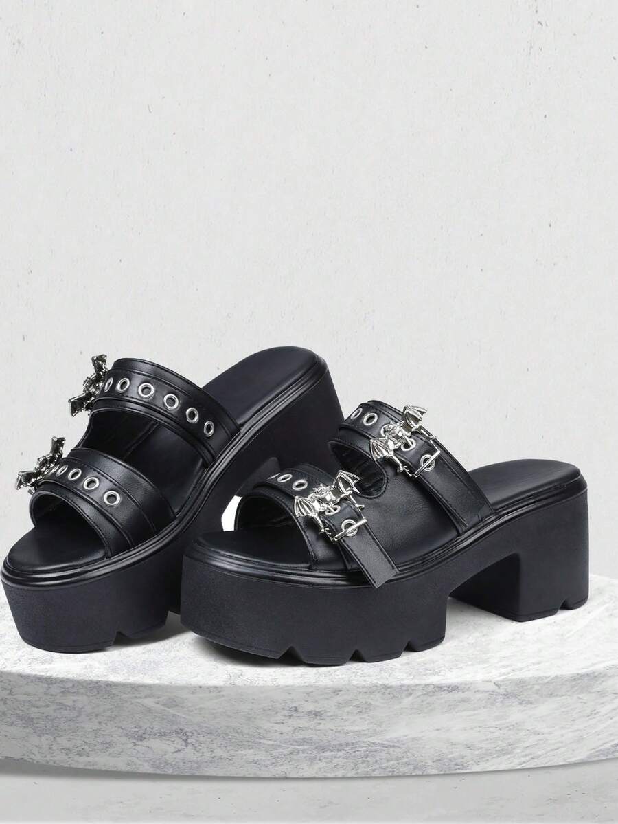 Womens Platform Sandals Round Open Toe Chunky Heel Goth Slipper Metallic Buckles Comfortable Slip On Breathable Home Beach Outdoor Casual Walking Easter Spring Summer Black Sandals For Women - 黑色 - 查看 1