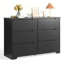 Tocador de 6 cajones, mueble de dormitorio con dispositivo antivuelco, cómoda moderna de madera con tiradores recortados, cómoda decorativa con rieles de guía suaves y patas de apoyo grandes para sala de estar, entrada. - Negro - Ver 2