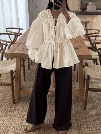 Plus Size Women Vintage Casual Tie-Up Shirt