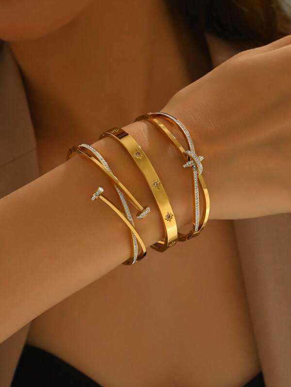 1pc Stainless Steel Open Cuff Bracelet With Romantic Star Glass Decoration, Suitable For Women Daily Wear, Ideal For Life, Commute, Valentine's Day, Anniversary Gift