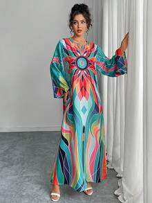 1 件女式传统阿拉伯长裙，圆领开叉 V 领宽松喇叭袖菱形印花休闲连衣裙，优雅奢华节日派对晚礼服 - 綠色 - 查看 4