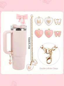 Conjunto de Marcador de Copo com Laço de Silicone e Letra Coração Borboleta, Serve para Copos de 30-40 Oz, Diâmetro da Palha de 9-10mm, Copos de Vidro com Alça, Decoração Fofa de Borboleta Rosa, Copo 40oz/30oz, Capa de Palha de Silicone, Brindes com Encantos de Chaveiro