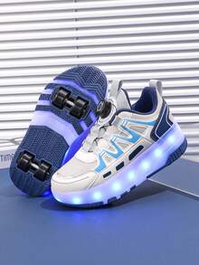 儿童四轮溜冰鞋，男童LED发光溜冰运动鞋，青少年双轮溜冰鞋，PU皮革透气轮式鞋，旋转扣，USB充电闪光灯，可拆卸轮子，二合一，适合男童滑冰