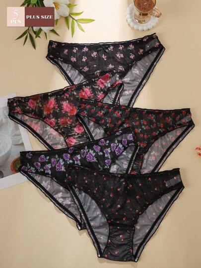Calcinha feminina plus size com estampa floral, confortável e respirável, com laço na cintura, 5 unidades/pacote