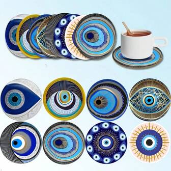 8 pièces/set de sous-verres en bois en forme d'œil, design résistant à la chaleur pour les boissons et le café, tampons de protection artistiques uniques, lavage à la main, convient pour le bureau, la cuisine, la décoration de bureau