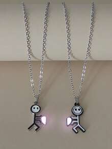 ATLVXJL 2pcs/Set Luminous Couple/Best Friend Heart Shaped Pendant Necklace Set, Glow In The Dark Casual Jewelry Suitable For Daily Wear And Valentine's Day Gift - Multicolor - View 3