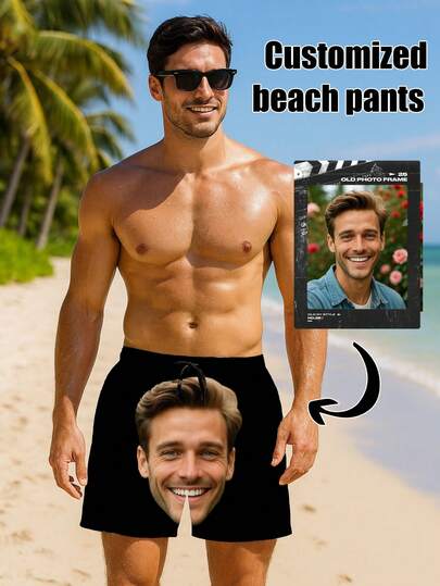 Customized Men's Beach Shorts With Personalized Designs Such As Portraits, Family Members, Pets, Cartoons, And Holiday Themes