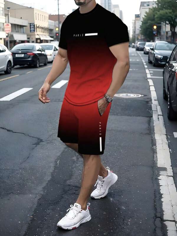 Men's Two Pieces Gradient Top And Shorts, Monogram Print 'PARIS' Round Neck And Short-Sleeved T-Shirt And Shorts With Drawstring And Pockets, Casual Fashion Suit, Suitable For Summer Outdoor Wear