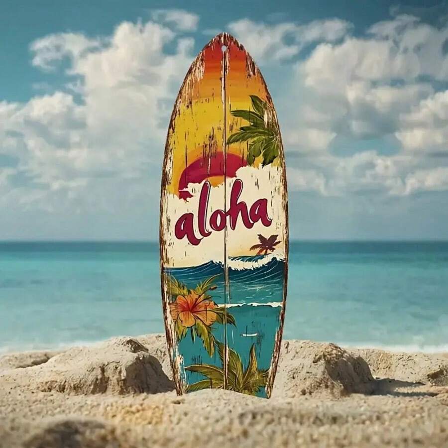 1 pieza Señal de madera con forma de tabla de surf de estilo bohemio, decoración vibrante tropical para playa y piscina, cartel de "Aloha" para pared exterior o bienvenida en el patio trasero, regalo perfecto de verano, hecho de madera falsa resistente, señal de bienvenida tropical, estilo bohemio, señal decorativa, decoración con tema de playa