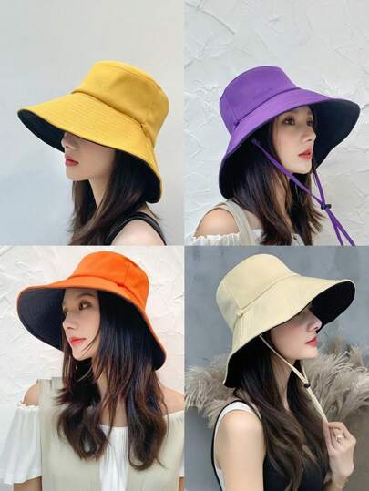 1pc Women's Spring/Summer Korean Style Reversible Bucket Hat, Versatile Foldable Wide Brim Sun Protection Hat