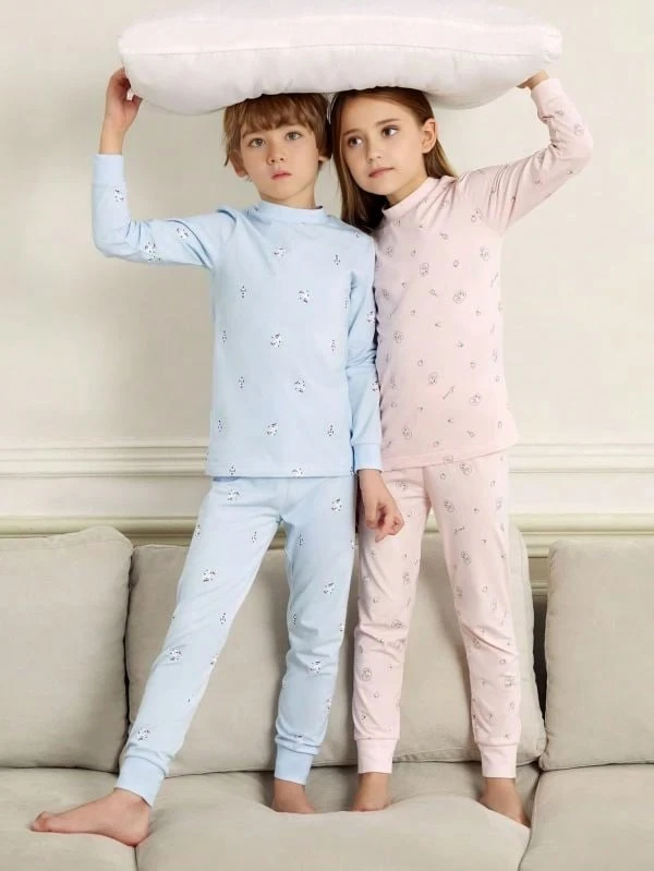 Annil Children's Clothing, Girls, Boys, Medium And Large Children, Mid-Collar Autumn Clothes And Pants Sets, Home Base Layer Warm Clothes, Autumn - Blue - View 1