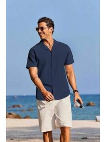 Mens Cotton Linen Shirt Casual Button Down Short Sleeve Shirts Summer Cuban Vacation Beach Shirts With Pockethalloween - Deep Blue - View 4