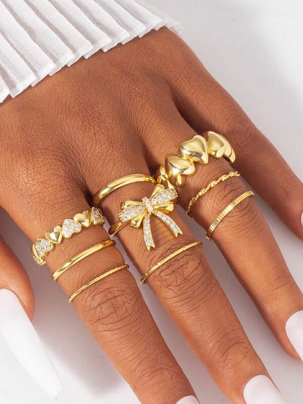 1/6/9pcs Elegant Sparkling 18K Copper Plated Zirconia Bow, Heart Shaped Ring Set, Women Stacking Midi Knuckle Rings, Daily Jewelry, Gifts For Friends
