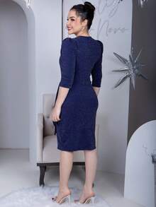 Women's Midi Wrap Dress In Tailored Knit With Princess Sleeves And Wrapped Band V-Neck Modern Elegance In Various Colors - Màu xanh hải quân - Xem 3