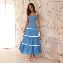 Women's Summer 2 Piece Dress Ricrac Smocked CamiCrop Top Boho Elastic Waist Tiered Flowy A-Line Long Skirt Sets - 藍底白紋套裝裙 - 查看 3