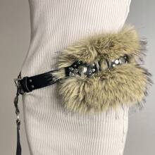 2025 Furry Rhinestone Waist Chain Furry Wide Belt Adjustable Buckle Shiny Belt - Black - View 6
