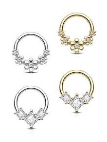 1pc Black & White Square Rhomboid Cubic Zirconia Decorated Women Nose Ring 18K Gold Plated CZ Seamless Nose Ring Clicker Hinged Segment Ring Surgical Steel Hypoallergenic 16G Nose Piercing Jewelry